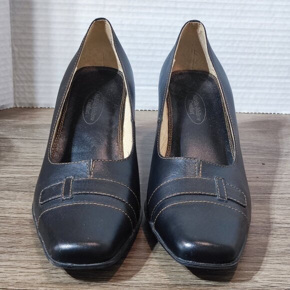 Marche-Mellow Comfort Block Heel Pumps Size 7 Black Leather Minimalist Dress - Picture 3 of 12
